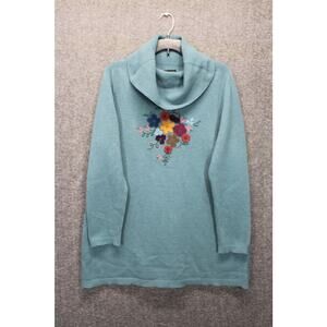 Desen Triko Cowl Neck Tunic Sweater Wool Blend Large Floral Long Sleeve Blue